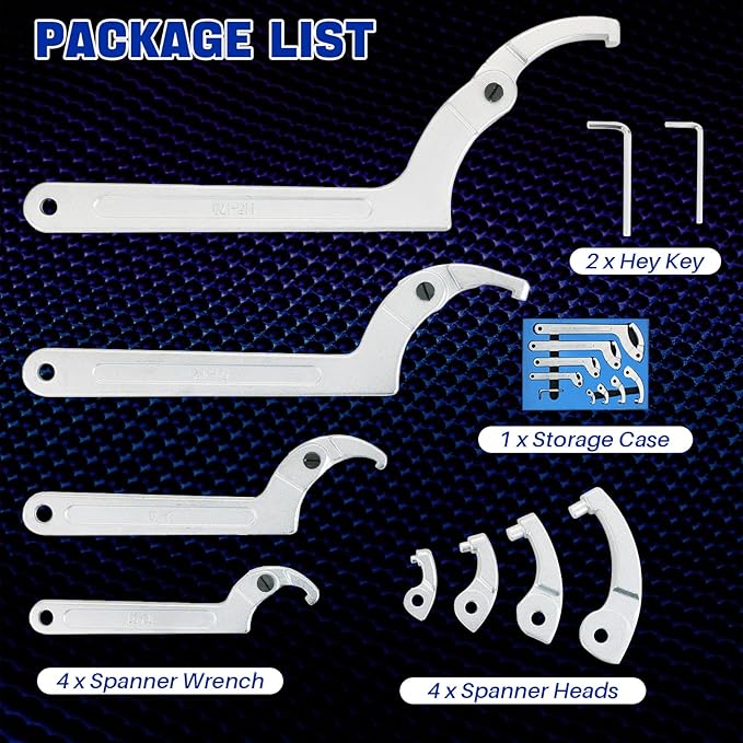 DASBET 8pcs Adjustable Pin Spanner Wrench Tool Set, C-Shape Pin Hook Wrenches with Changeable Head for Pipes Heating Cars, Spanner Nut Wrench for Suspension System, 3/4" to 6-1/10"