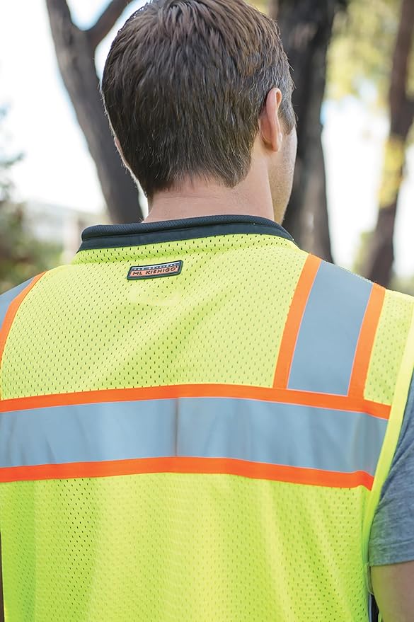 Kishigo Premium Black Series Men's Surveyors Vest S5002, Class 2 Hi-Vis, 10 Pockets, Zipper, Durable Webbing, ANSI/ISEA 107