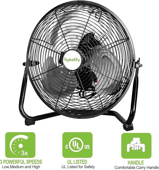 hykolity 1680 CFM 12" High Velocity Floor Fan, 3-Speed Powerful Airflow Fan with 180-Degree Tilt, Heavy Duty Metal Fan for Home, Bedroom, Residential Use