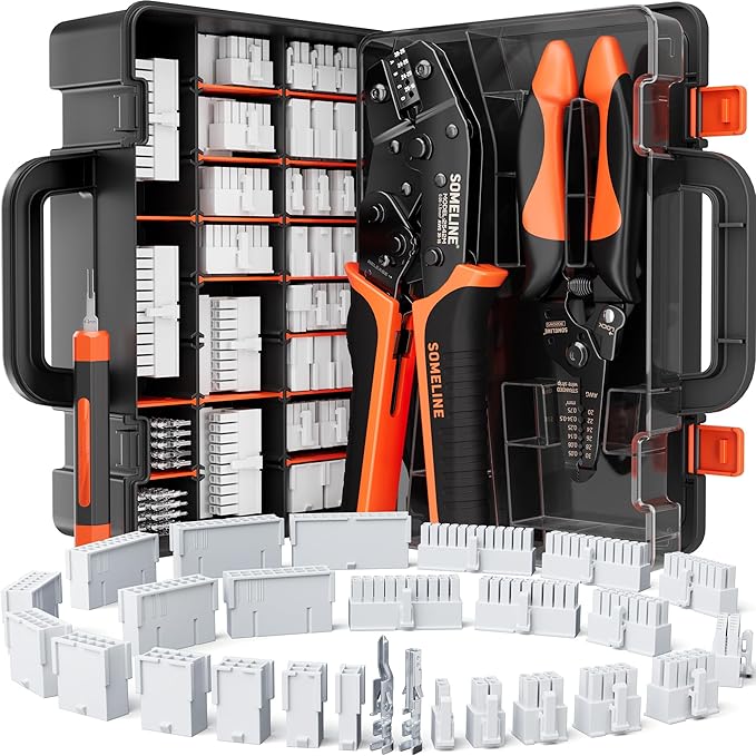 SOMELINE Mini-Fit Jr Connector Crimping Tool Kit, 2-24 Pin 4.2mm Connectors Set, 16-24 AWG Pins, Pin Extractor, Crimper & Stripper, Compatible with Molex, for PC Power, ATX, GPU PCIe, 3D Printer & DIY