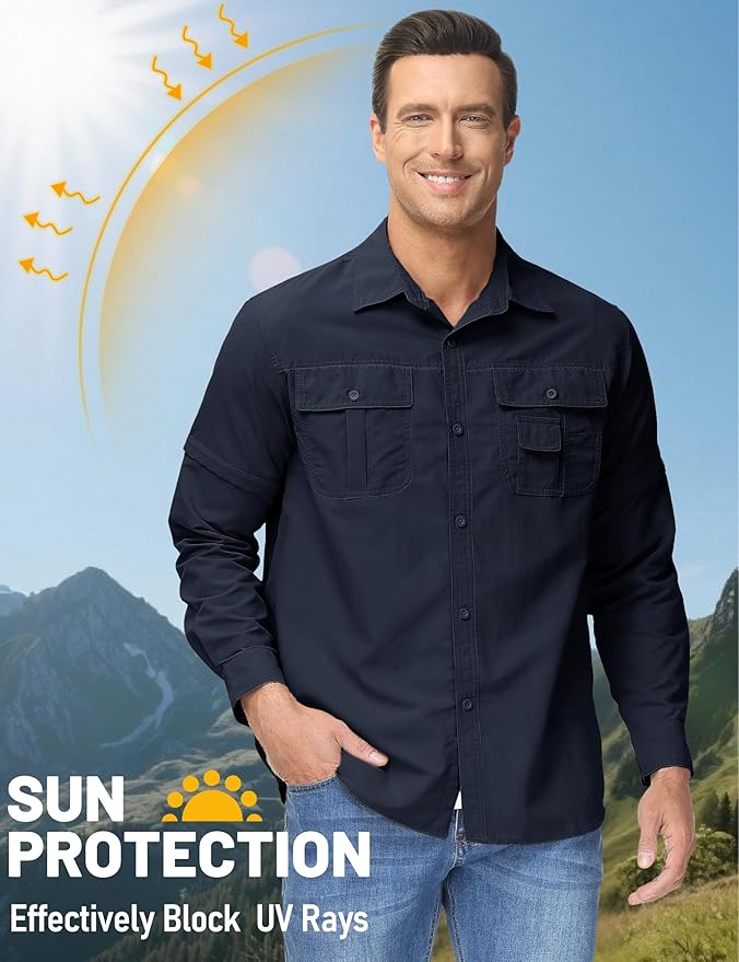 TACVASEN Men's Convertible Long Sleeve Fishing Shirts Lightweight Quick Dry Button Up Tactical Sun Shirts for Safari Hiking