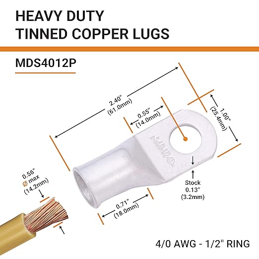 SELTERM 2pcs 4/0 AWG 1/2" Stud Tinned Copper Wire Lugs, Ring Terminals, Battery Cable Ends, 0000 Gauge Ring Terminal Connectors, UL Marine Grade Electrical Terminals