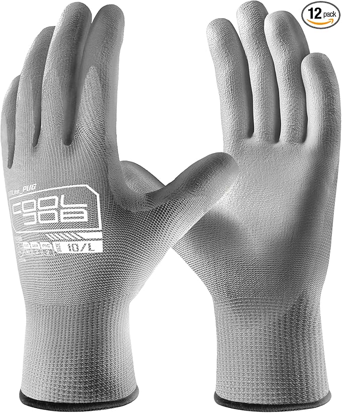 COOLJOB 12/60 Pairs Safety Work Gloves Pack Bulk with Grip PU Coating, 13 Gauge Seamless Knit Gloves with Polyurethane Dipped for Warehouse Working, Breathable Lightweight for Men Women, Grey Small