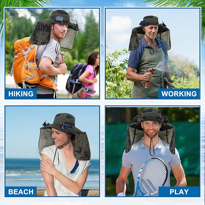 Chuarry Wide Brim Sun Hat with 2 Fan Outdoor Solar Powered USB Charging Fishing Hat with Neck Flap for Men Women