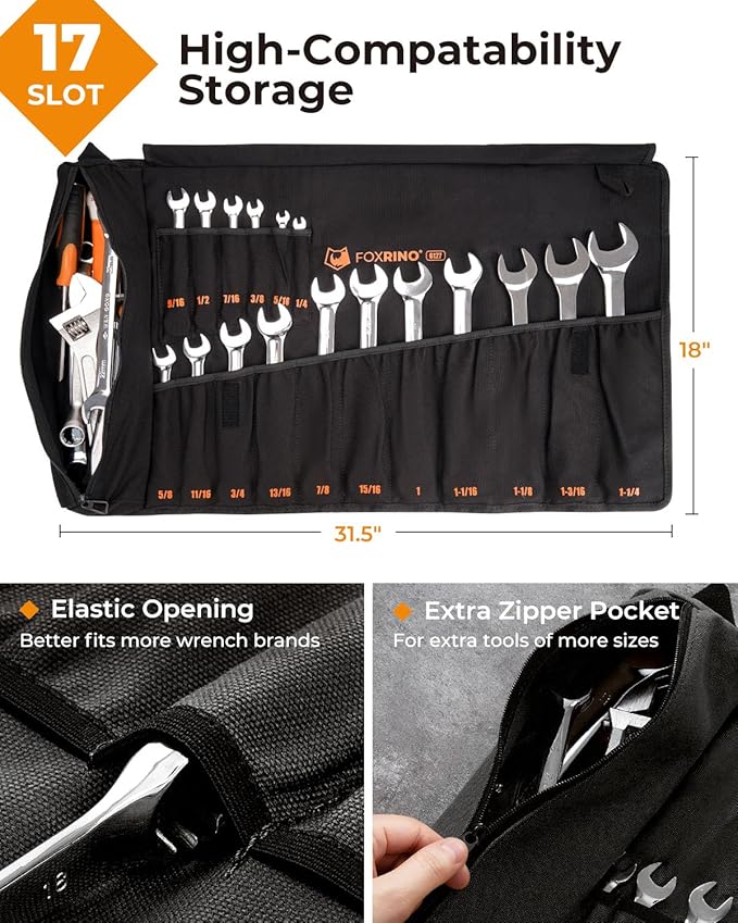 Wrench Roll, Wrench Roll Up Pouch, 17-Pocket Heavy Duty Canvas Wrench Organizer Bag for SAE Combination Wrenches, Portable Tool Roll Bag, Gifts for Men for Christmas (Black, 17+1 SAE)