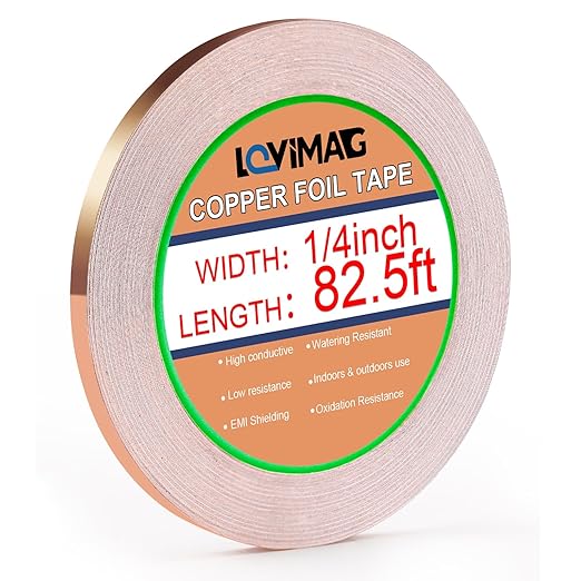 LOVIMAG Copper Tape (1/4inchX82.5FT), Copper Foil Tape for Stained Glass, Copper Tape Conductive Adhesive for Guitar and EMI Shielding, Soldering, Crafts, Electrical Repairs, Grounding, DIY(1Rolls)