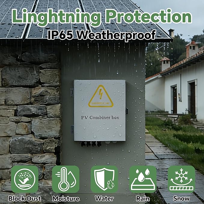 4 String Solar Combiner Box, IP65 Waterproof PV Combiner Break for On/Off Grid Solar System, with Lightning Arrester, 15A Rated Current Fuse& 63A Circuit Breaker (Metal Box)