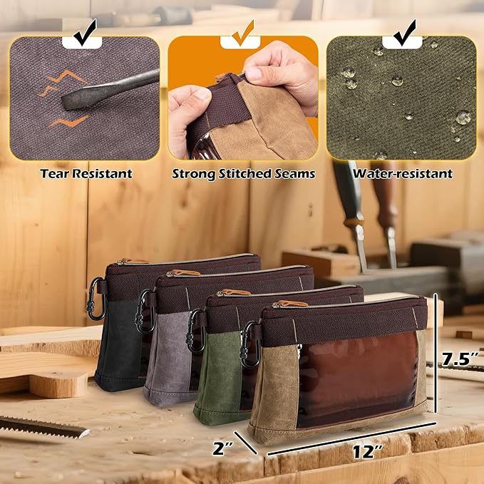 4 Pack Heavy Duty Tool Pouch with Carabiner, 12” Canvas Tool Pouch Bag with Clear Window (4 Colors: Black, Gray, Green, Khaki)