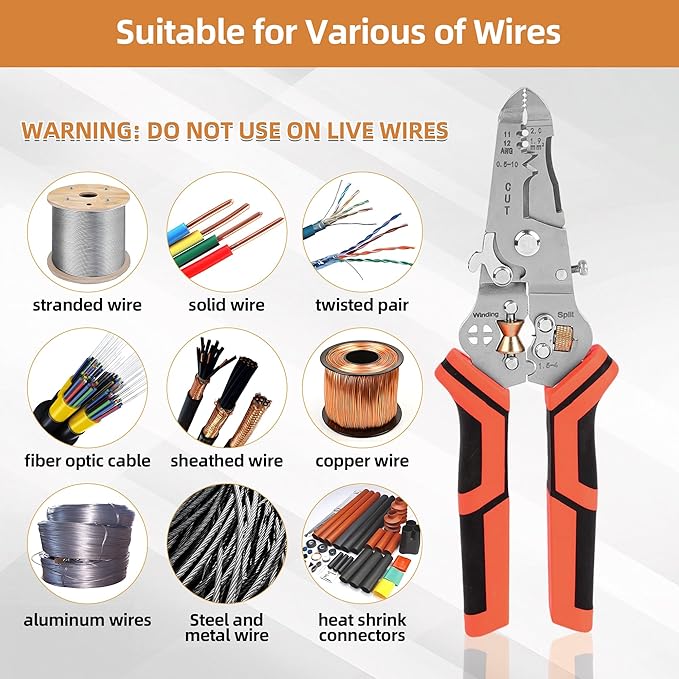 Wire Stripper Cutter Crimping Tool - 9 in 1 Wire Stripper Tool with Cutter Crimper Function AWG 22-10 Wire Cutters Pliers for Wire Splitting,Stripping,Cutting,Crimping, Clamping,Winding,Sharpening