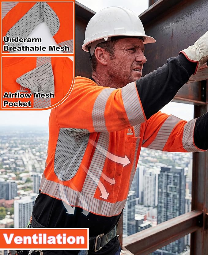 BOCOMAL Reflective FR Shirts High Visibility Summer Vented Mesh Long Sleeve Crewneck Lightweight Flame Resistant Workwear