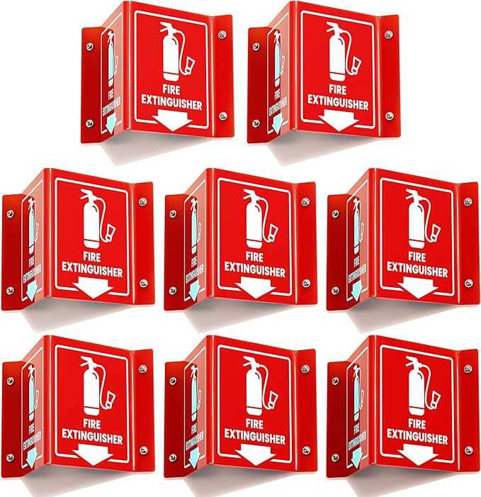 8 PC Fire Extinguisher Signs, 6 Inch Fire Extinguisher Two-Sided Acrylic Projecting V-Sign with Down Arrow, Including Screws
