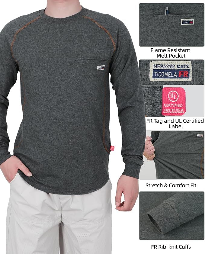 TICOMELA FR T-Shirt, Flame Resistant, Stretch Fit, Hidden Pocket, 6oz Crew Neck Work Shirt for Men 100% Cotton