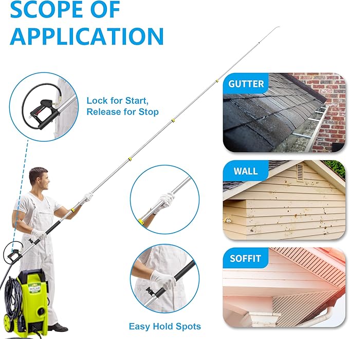 24 FT Telescoping Pressure Washer Wand Extension, Power Washer Extension Wand with Brush Head, 7 Nozzle Tips, 3 Adapters & Support Harness, Gutter Cleaning Tools for 2 Story House