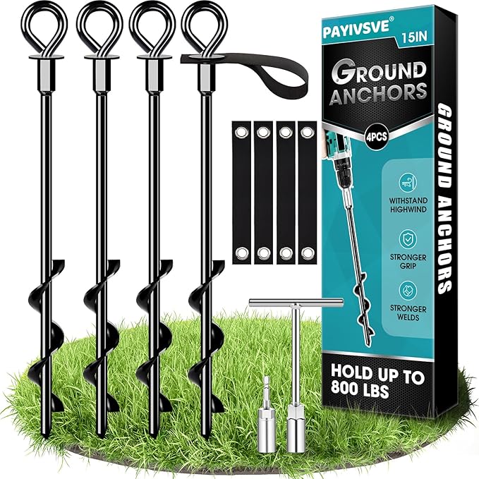 Ground Anchors Screw in 4Pcs, Trampoline Stakes Anchors with Straps Resistant High Wind, Earth Anchor for Swing Set, Tent, Trampolines, Carport, Canopies(4x15in)