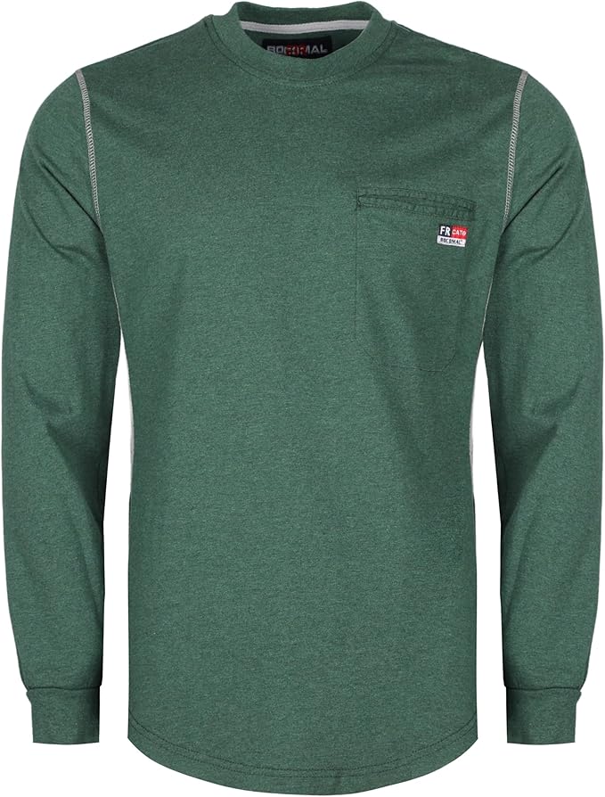 BOCOMAL FR Shirts for Summer Breathable Vented Design 6oz Heather Jersey Flame Resistant Long Sleeve Crew T Shirt