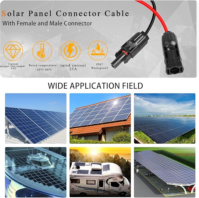 QIANRENON Solar Panel Connector Cable 12AWG Solar Panel Connector to Battery Clip Extension Cable Alligator Clip to Male & Female Solar Connectors Cable with 25A Fuse 1.5m/4.9ft