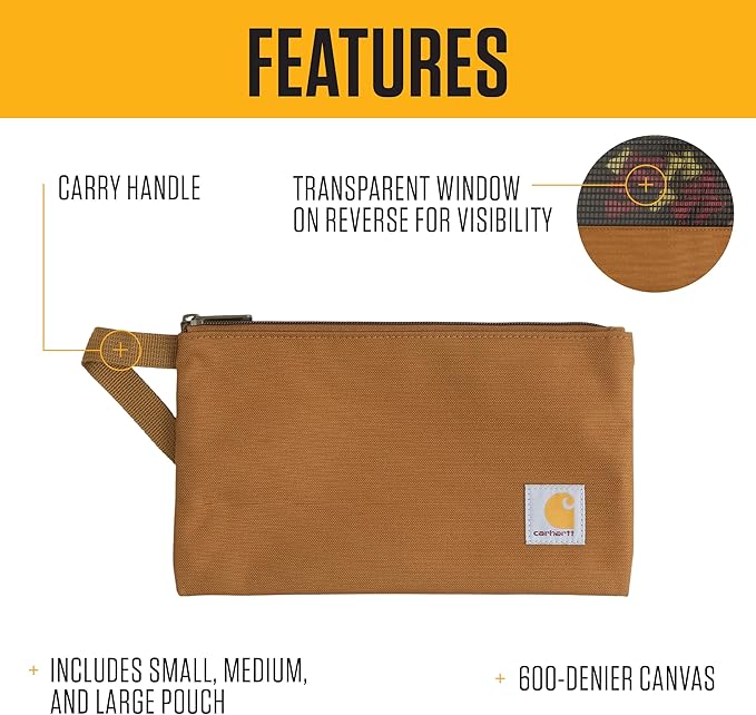 Carhartt Utility Zipper Pouch Set, Durable Water Repellent Organizers Sold in Sets of Three, Carhartt Brown