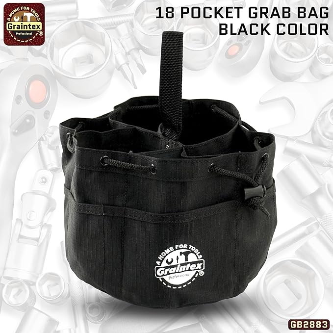 Graintex 18 Pockets Grab Bag Rip-stop Canvas Drawstring Closure, Small Part Organizer Pouch, Small Tools, Screws, Parts, Parachute Tool Bag for Efficient Storage - Black