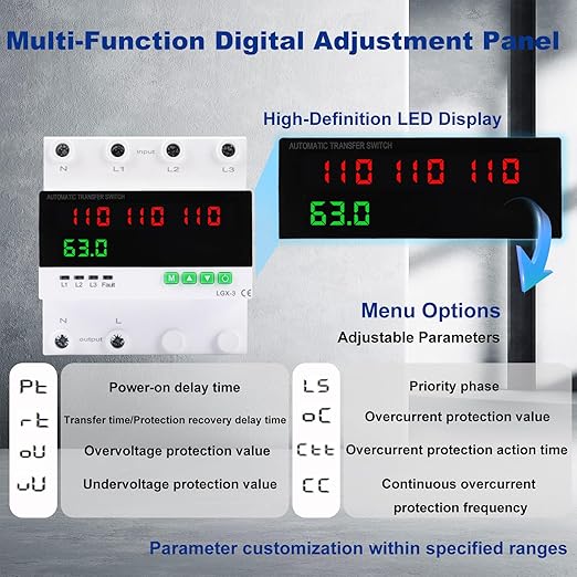 63A 110/120V Triple Power Automatic Transfer Switch,Automatic Switching Between Utility Power、Generator and Inverter,Overcurrent Protection,Overvoltage and undervoltage Protection