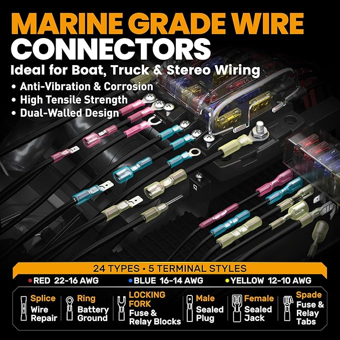 SOMELINE Heat Shrink Wire Connectors and Crimping Tool Kit, 24 Types (UL Listed) Marine Automotive Terminals, 22-10 AWG Ratchet Crimper - Waterproof Ring Fork Spade Piggyback Butt Splices (104 Pcs)