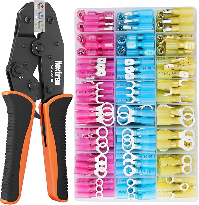 Crimping Tool For Heat Shrink Connectors, 310PCS Waterproof Automotive Marine Grade Heat Shrink Wire Connectors, AWG 22-10 Tinned Red Copper, 27 Sizes (Ring, Fork, Spade, Bullet, Splice)