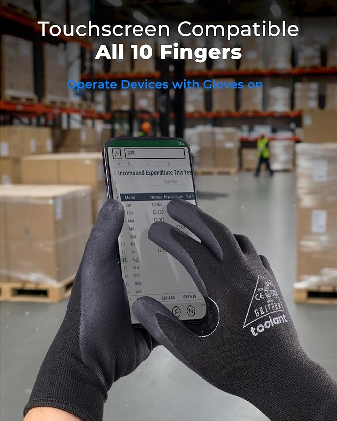 toolant 6/12 Pairs MicroFoam Nitrile Coated Safety Work Gloves, Breathable Nylon Working Gloves Men with Grip,Touchsreen