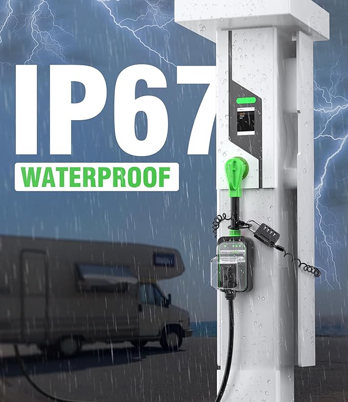 RV Surge Protector 50 Amp Waterproof, Upgraded 12000 Joules RV Power Protector （Safety-Certified）, RV Adapter Plug with Anti-Theft Cable Lock for Camper, Circuit Analyzer for Travel Trailers (Green)