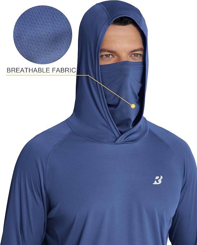 Roadbox Men's UPF 50+ Hooded Fishing Shirts Long Sleeve Sun Protection Hoodie, Hiking Running Swimming Rash Guard with Mask
