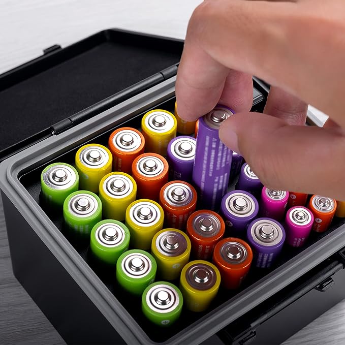JJC Hard Case for AA AAA Battery with Tester Checker,34 Slots Battery Storage Organizer for 20 AA and 14 AAA Batteries, Water-Resistant and Shockproof, Batteries Holder Container