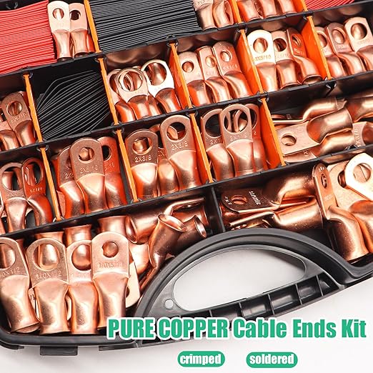Twidec/230PCS Battery Cable Ends Kit AWG 8 6 4 2 1 1/0 2/0 Heavy Duty Copper Lugs Copper Cable Wire Lugs,Coppers Ring Terminals Connectors with Heat Shrink Tube N-099-230PCS