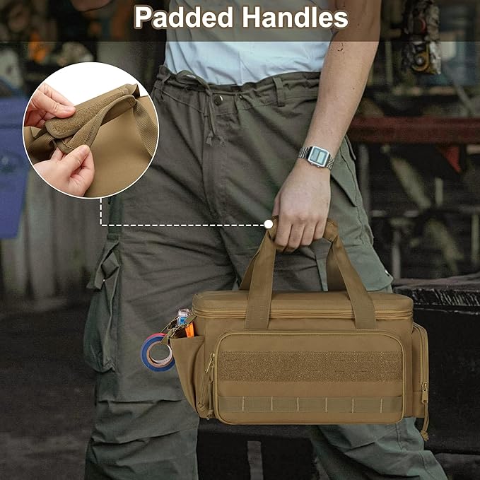 14-Inch Tool Bag with Anti-friction Bottom, Hand Tool Storage Organizer for Men, Tactical Range Bag, Multi-purpose Work Tote for Repairman, Carpenters, Handyman, Khaki