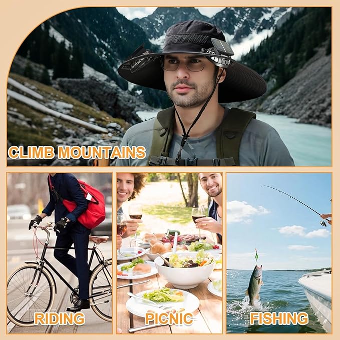 Wide Brim Solar Fan Outdoor Fishing Hat, 2 Solar Fan Hats for Men, Hat with Solar Fans Built in, Fishing Hat with Fan for Men