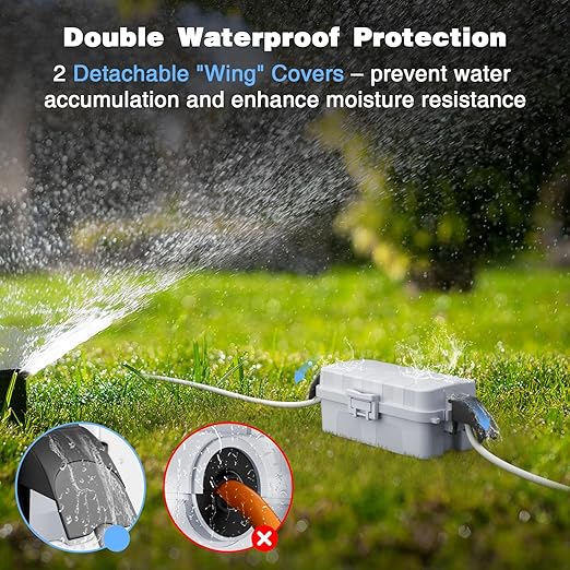 FLEMOON IP55 Outdoor Electrical Box Waterproof with Detachable Awning Covers, 8.3 x 4.1 x 3.7 inch Weatherproof Extension Cord Cover, Easy Installation for Plug, Outlet, String Lights, Light Gray