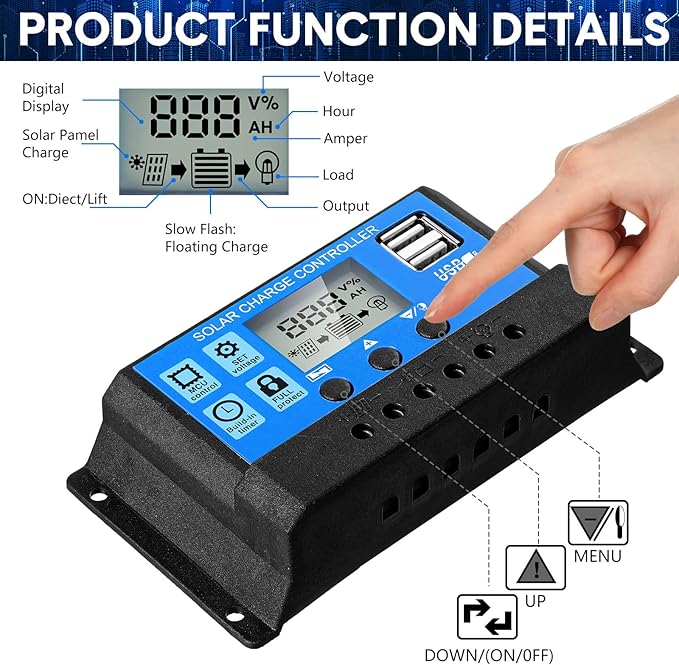 Solar Battery Controller 12v/24v Solar Panel Charge Controller Ground Solar Panel Controller Regulator with Adjustable LCD Display and Dual USB Port Timer Setting PWM Auto Parameter(2 Pieces,30A)