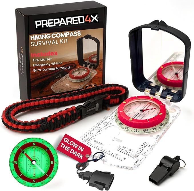 PREPARED4X Hiking Compass Survival – Mirror Sighting Map Orienteering Compass – with 35-Ft 550 Survival Paracord Lanyard, Fire Starter, Whistle, Fishing Line, Tinder Cord