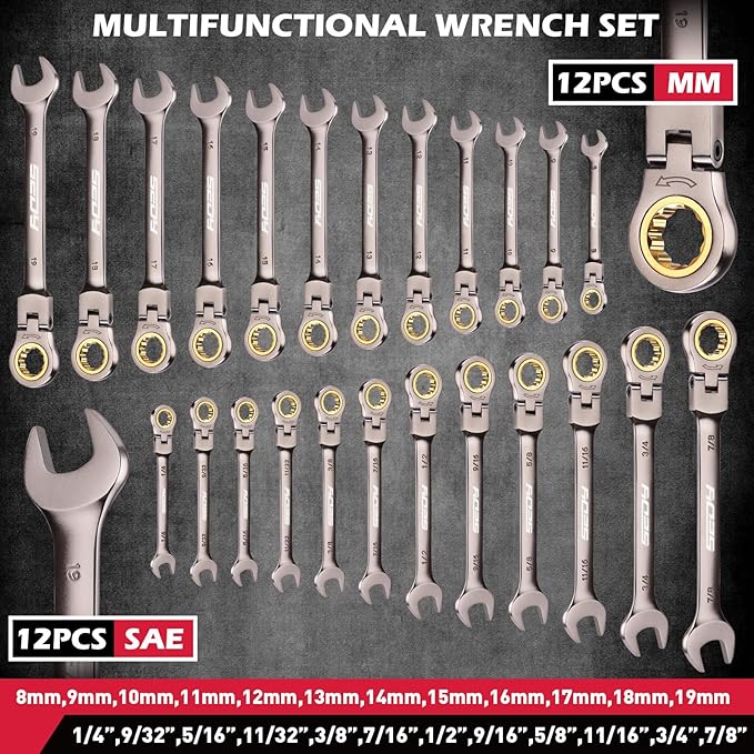 Premium 24-Piece Flex-Head Ratchet Wrenches Set with Magnetic Organizers, Metric SAE 8-19mm 1/4"-7/8", Cr-V Ratcheting Wrenches with 72 Teeth 180° Flex Head, Ratchet Combination Wrench Set for Repair
