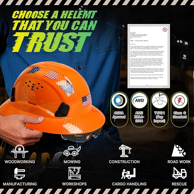Carbon Fiber Pattern Full Brim Hard Hat with Visor-OSHA Approved Construction Safety Helmet for Men Women,ANSI Z89.1 Vented Reflective Hardhat with Hard Hat Chin Strap,6-Point Suspension
