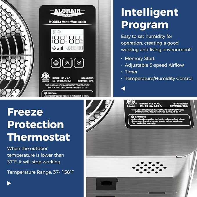ALORAIR 300 CFM Crawlspace Ventilator Fan with Humidistat, Stainless Steel Exhaust Vent Fans with Digital Display, Timing Cycle, Freeze Protection Thermostat, for Basement, Garage, Attic, Grow Tent