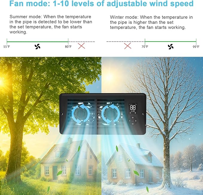 Register Booster Fan for 4" x 10" Vents Only, 10 Speeds to Control Cool & Warm Airflow, Air Conditioning Vents with LED Screen Remote & Thermostat Control, for Room Walls & Floors (Black)