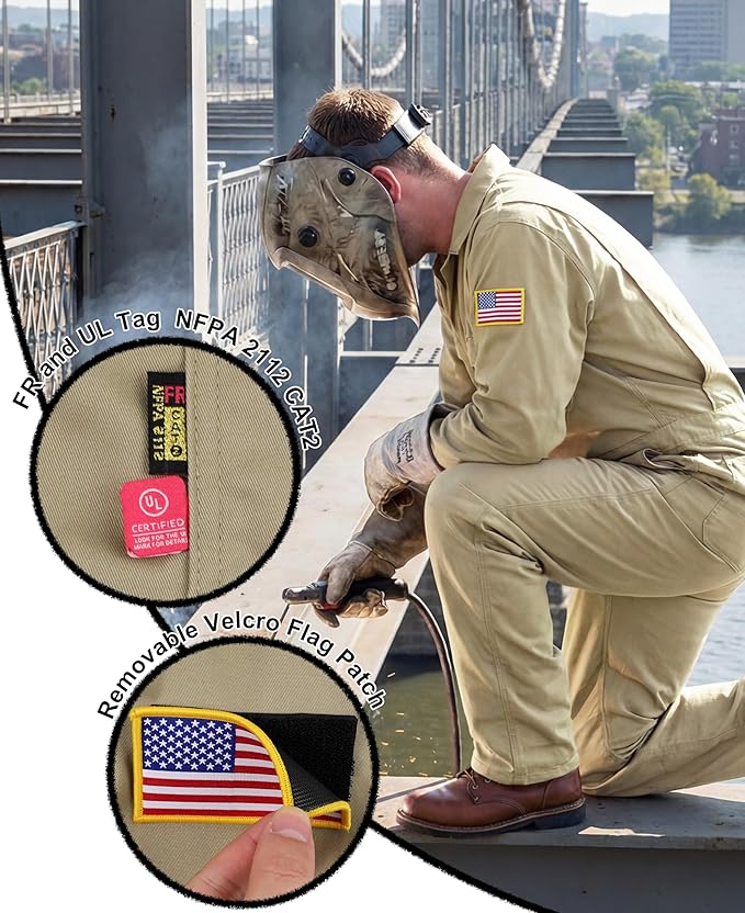 BOCOMAL FR Coveralls Men 7.5oz Cotton Twill Flame Resistant Fire Retardant Work Coverall NFPA 2112 HRC2