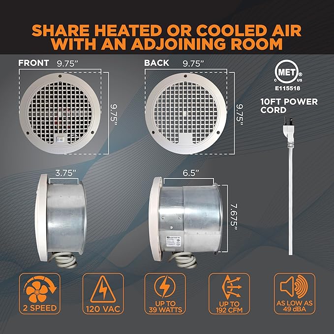 Suncourt ThruWall Room-to-Room Transfer Fan — Quiet Through Wall Vent Fan Improves Air Circulation Between Rooms 200-440 Sq. Ft. | 10’ Power Cord, 2-Speed (TW108)