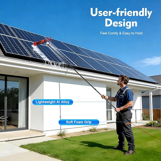 TFCFL Professional Water Fed Pole Kit, 24ft Telescopic Aluminum Alloy Window & Solar Panel Cleaner with 65ft Hose, 210° Rotating Brush, 4 Water Jets for High Reach Cleaning, Car, Glass Roof