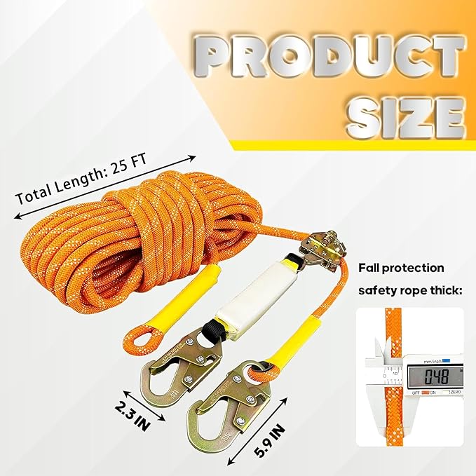 Fall Protection Safety Rope 25FT Heavy Duty Vertical Roofing Rope with Alloy Steel Grab Snap Hooks Shock Absorber Fall Protection Tree Climbing Line Kit Tree Stand Safety Line Kit