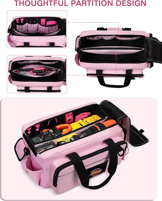 Tactical Tool Bag for Women, 16 Inches Tool Storage Organizer Box with Wide Mouth, Large Toolbag Toolbox with Handle, Pink (Empty Bag Only)