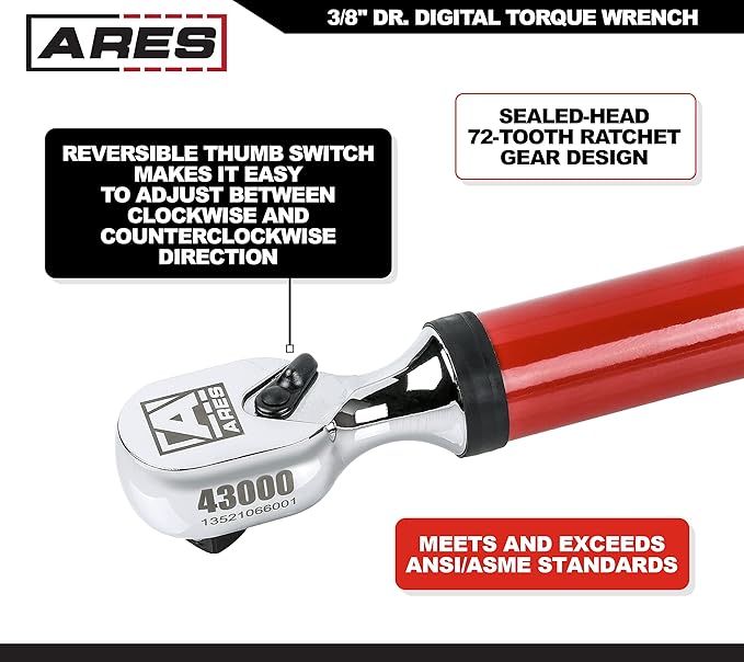 ARES 43000-3/8-Inch Drive Electronic Digital Torque Wrench - 7.4-99.6 ft/lbs (10-135Nm) - Reversible Sealed Head - Multi-Alert System Prevents Over-Torquing
