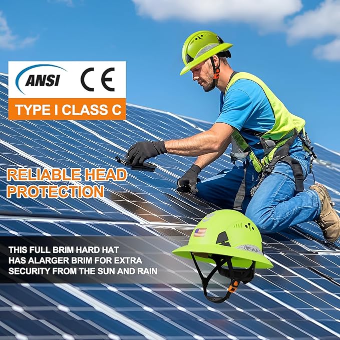 Full Brim Hard Hat ANSI Z89.1 Type 1 & OSHA Certified Safety Helmet with Glasses and Cooling Towel,with 6-Point Suspension & Adjustable Vents