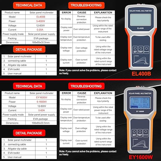 KAOLALI Solar Panel Tester Upgraded EY1600W Photovoltaic Multimeter with Ultra Clear LCD Display, Smart MPPT Tools for Testing Solar PV Module Data and Troubleshooting