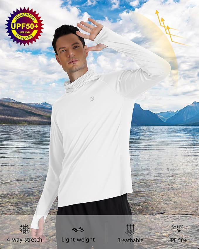 Roadbox Men's UPF 50+ Hooded Fishing Shirts Long Sleeve Sun Protection Hoodie, Hiking Running Swimming Rash Guard with Mask