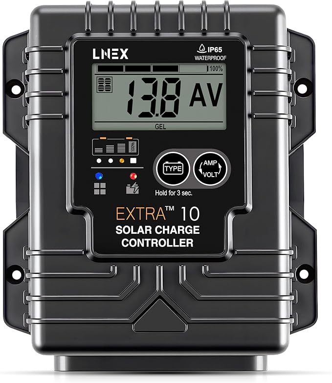 Solar Charge Controller Waterproof, 10A Solar Panel Regulator with Temp Sensor,Backlit LCD, 12V/24V PWM Solar Controller for LiFePO4,AGM, Gel, Flooded and Lithium Battery