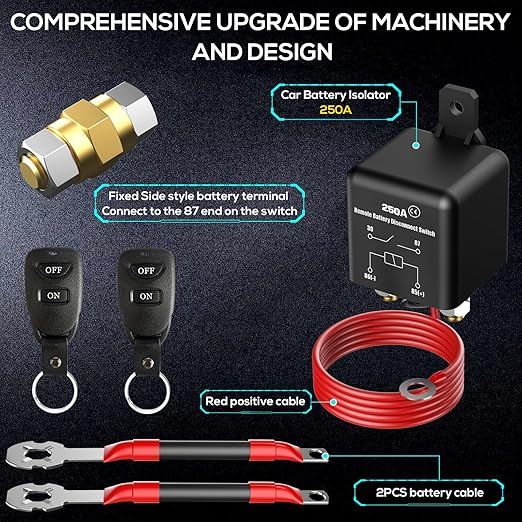 Side Post Remote Battery Disconnect Switch 12v, 250A, Upgrade Prevent Battery Drain, Easy Installation, Secure Protection for Cars, RVs, Boats, and More